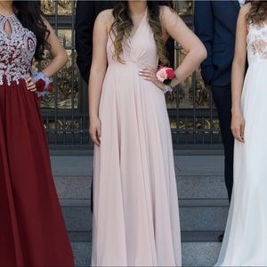 lulu’s blush pink long fancy prom dress lace